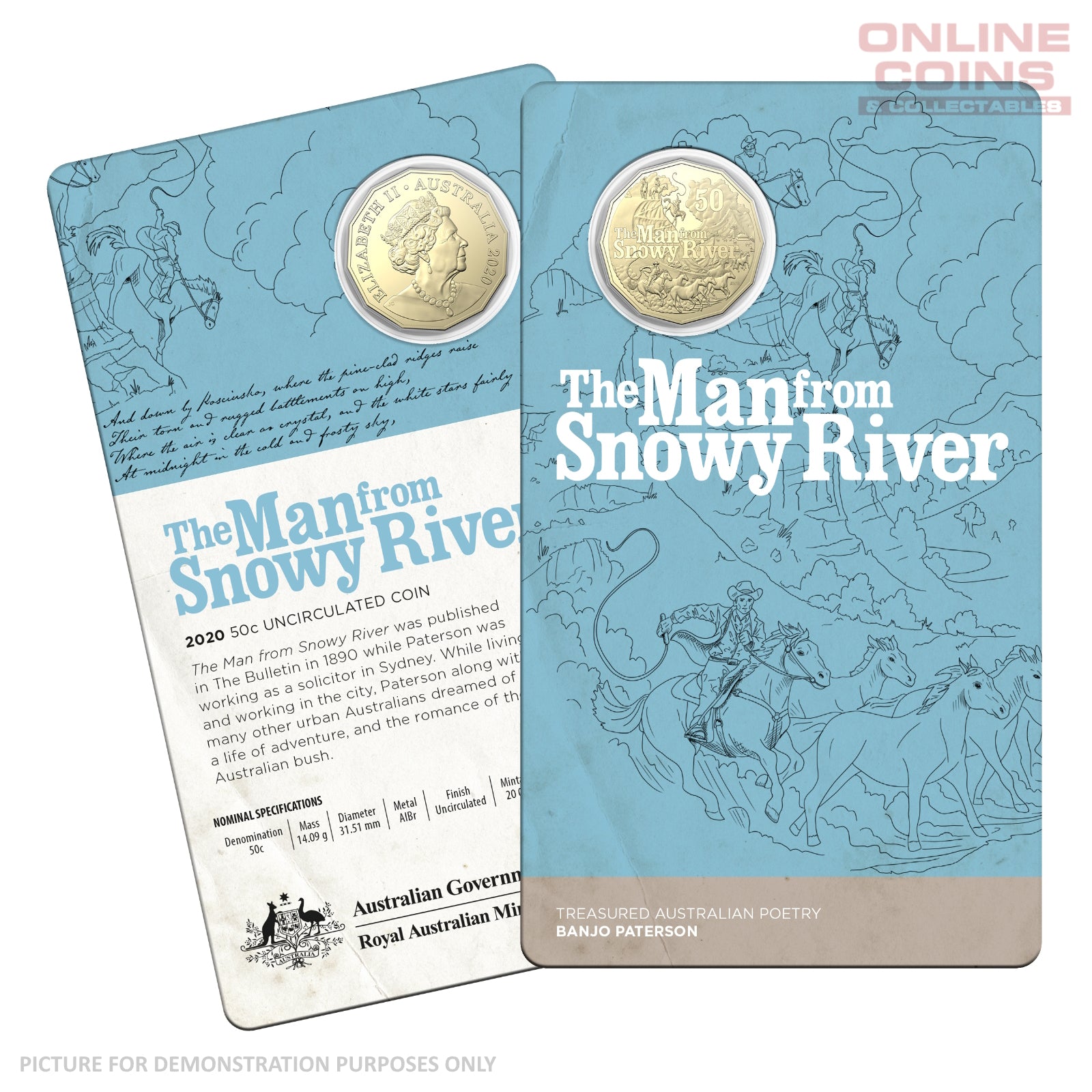 2020 50c AlBr Uncirculated Carded Coin - Banjo Paterson - The Man from Snowy River